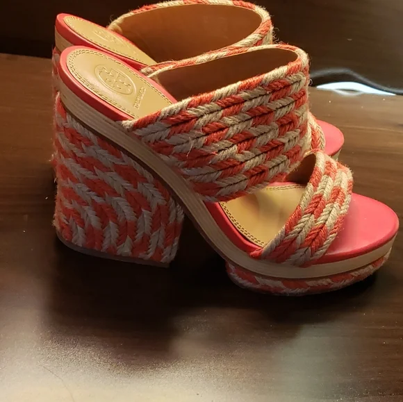Tory Burch Women's Size 8.5 Lola Woven Jute Lthr Red Crm Platfrom Slide Sandals - Picture 2 of 14